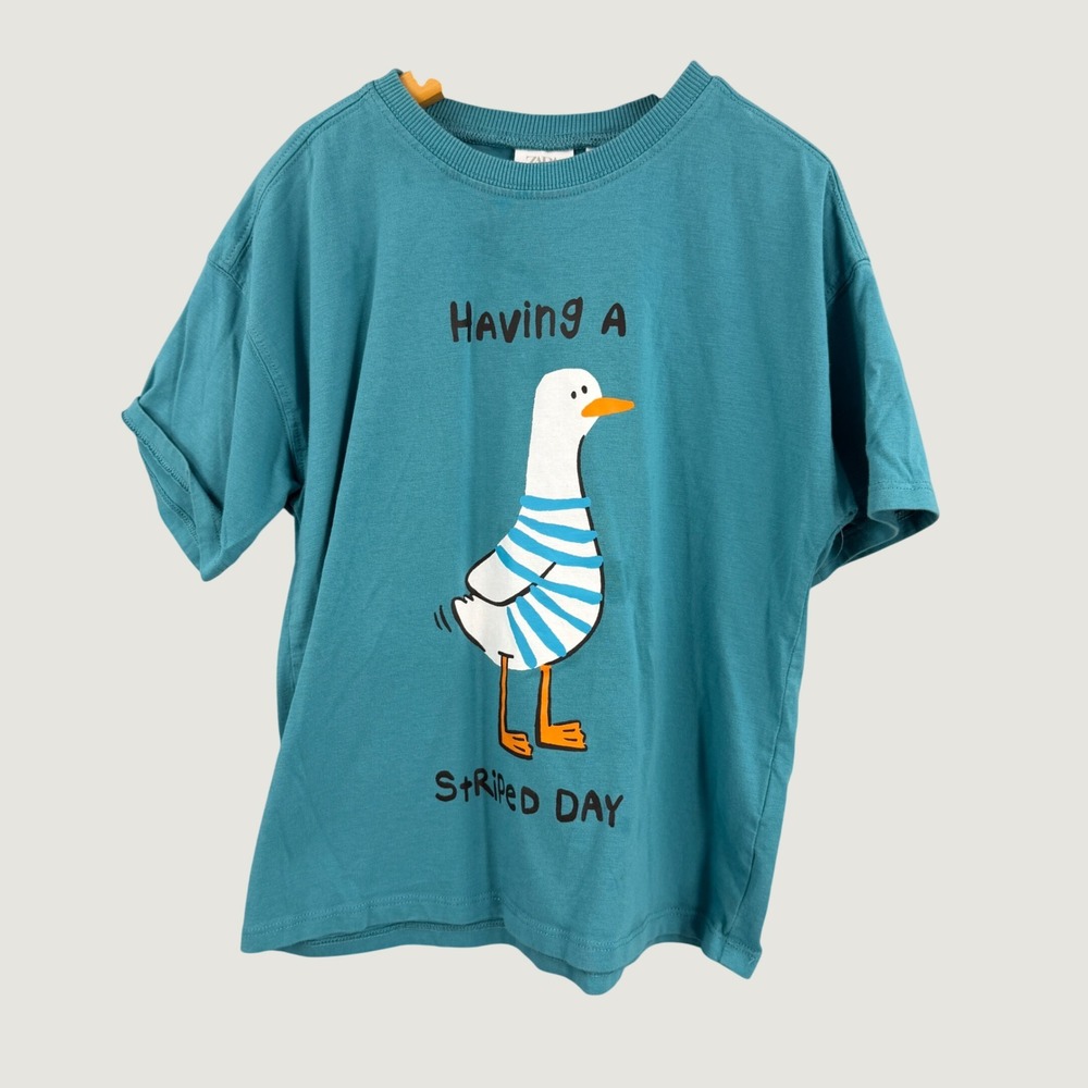 Zara Kids T-Shirt Size 6 Teal Having A Striped Day Seagull Graphic 100% Cotton